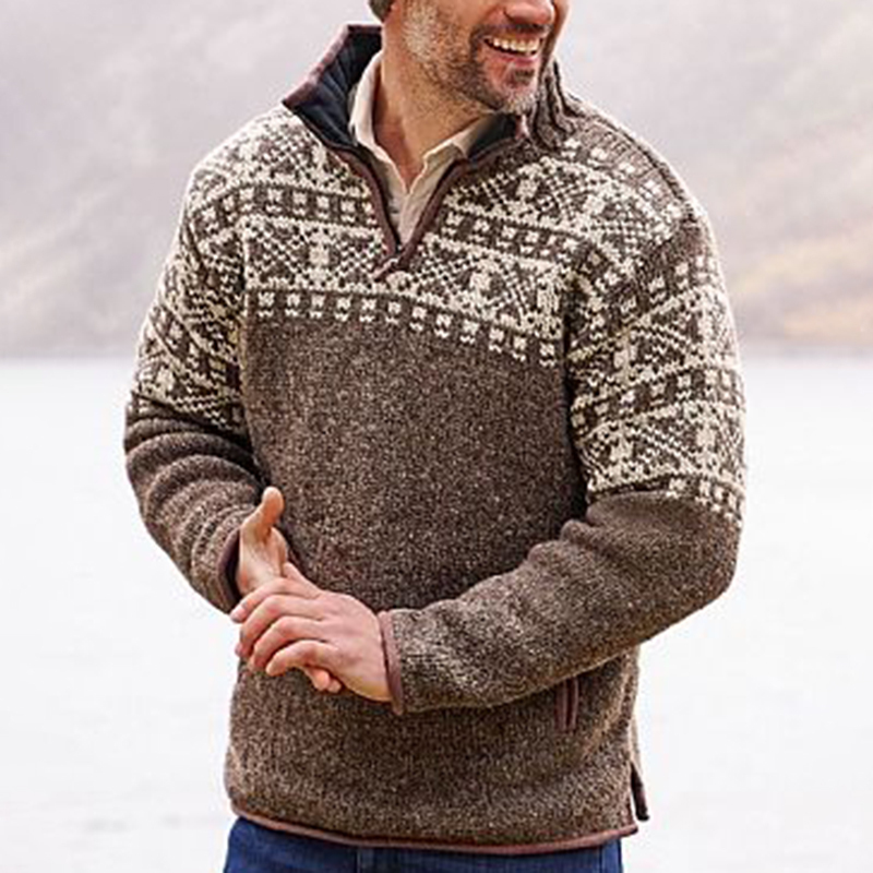 Warm gestrickter Vintage-Jacquard-Island-Pullover mit halbem Reiverschluss