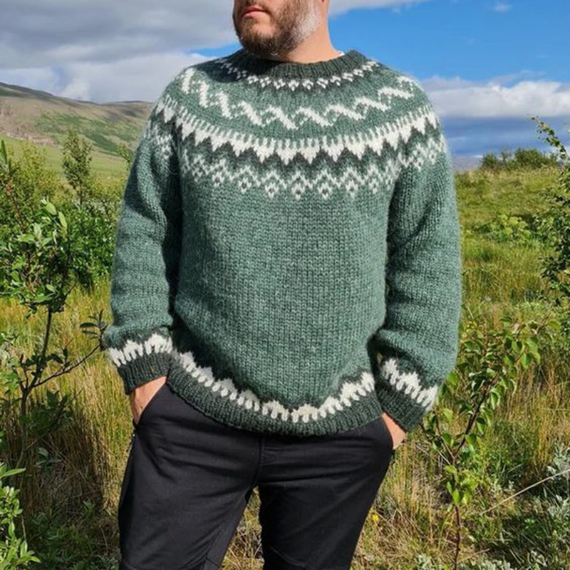 Islndischer Vintage-Wrmestrick-Jacquard-Pullover mit Rundhalsausschnitt (Unisex)