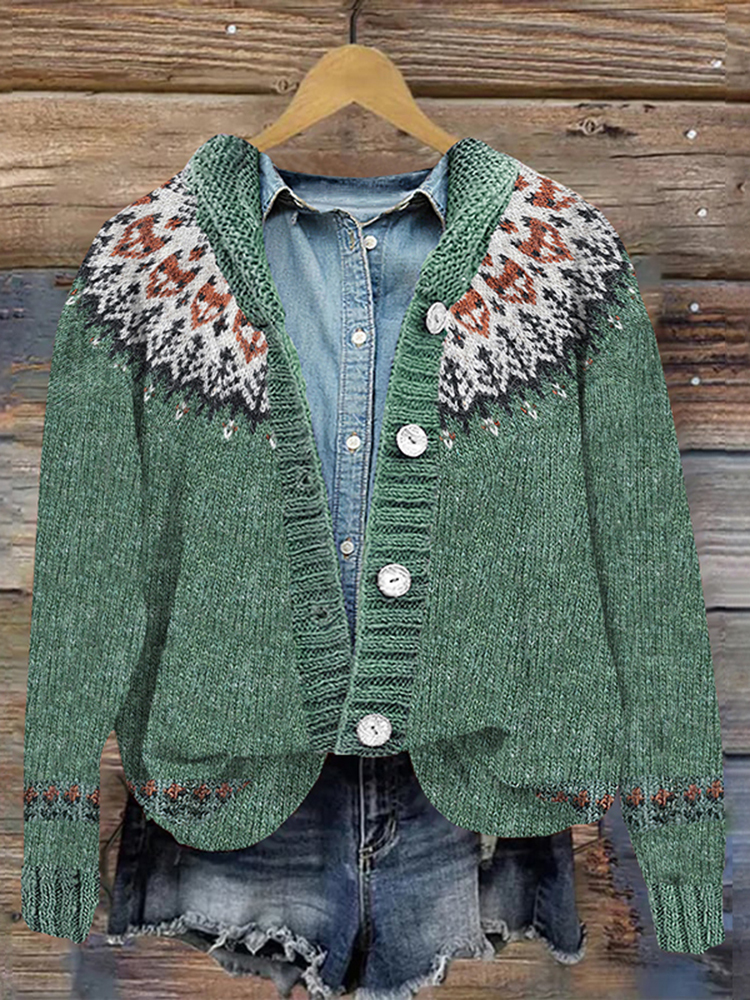 Cardigan con cappuccio lavorato a maglia con onde di volpe vintage