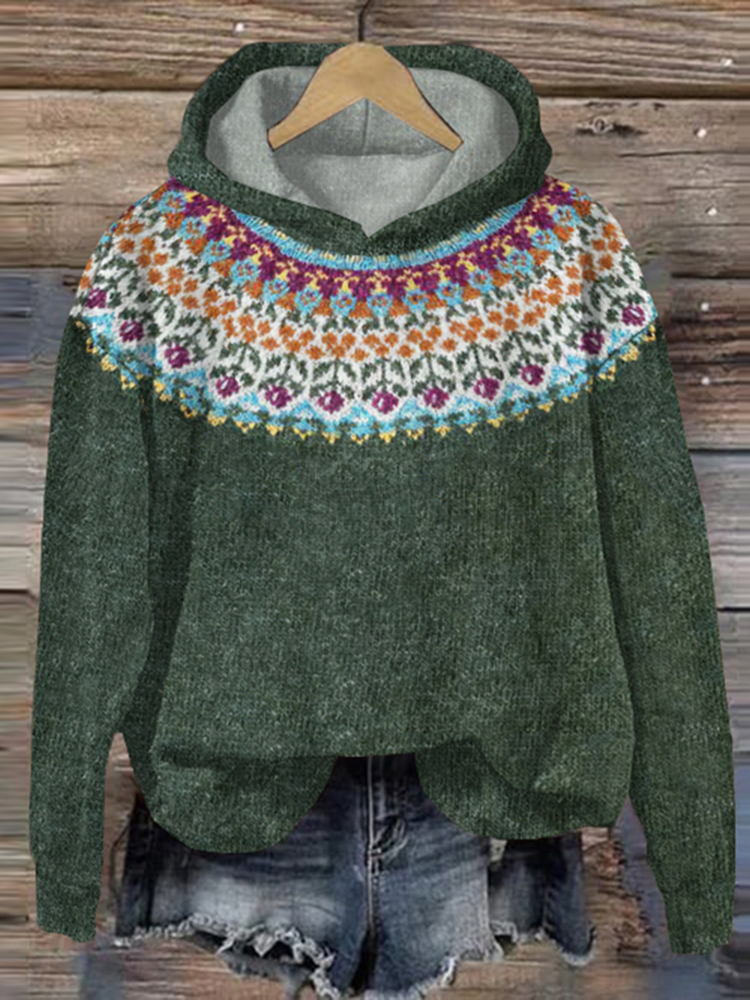 Felpa con cappuccio retrò con motivo islandese e contrasto