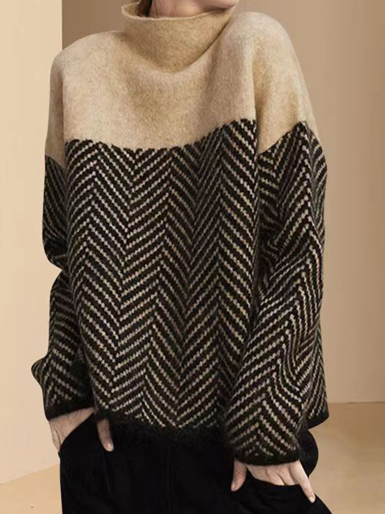 Vintage-Rollkragenpullover aus kontrastierendem Fischgräten-Jacquard