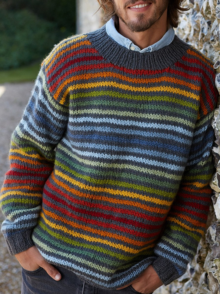 Maglione girocollo in jacquard lavorato a maglia a righe arcobaleno vintage (unisex)