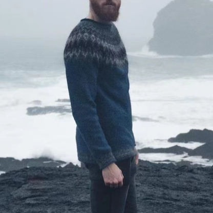 Maglione jacquard blu casual con grafica Fair Isle surf
