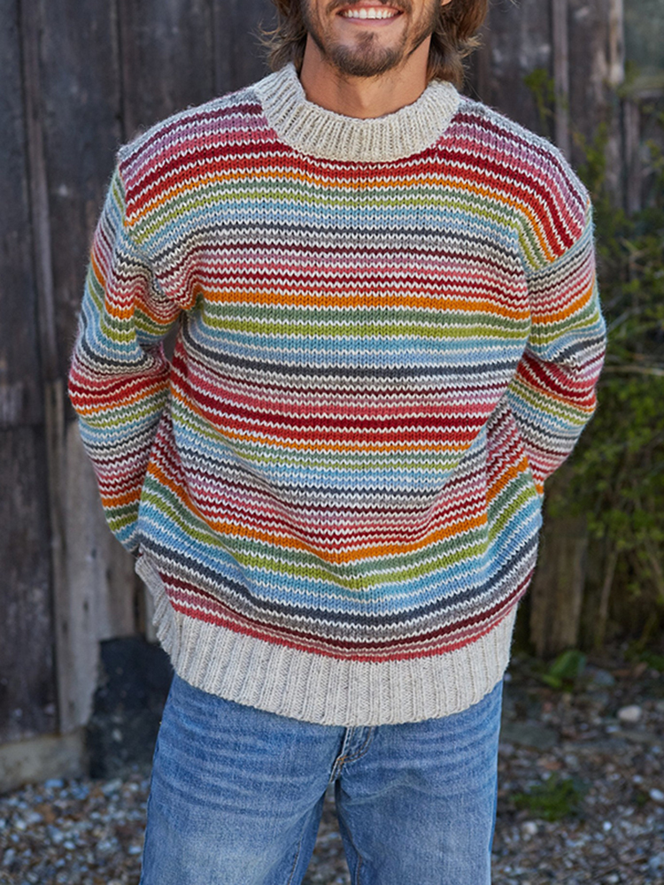 Maglione girocollo in maglia jacquard a righe vintage arcobaleno