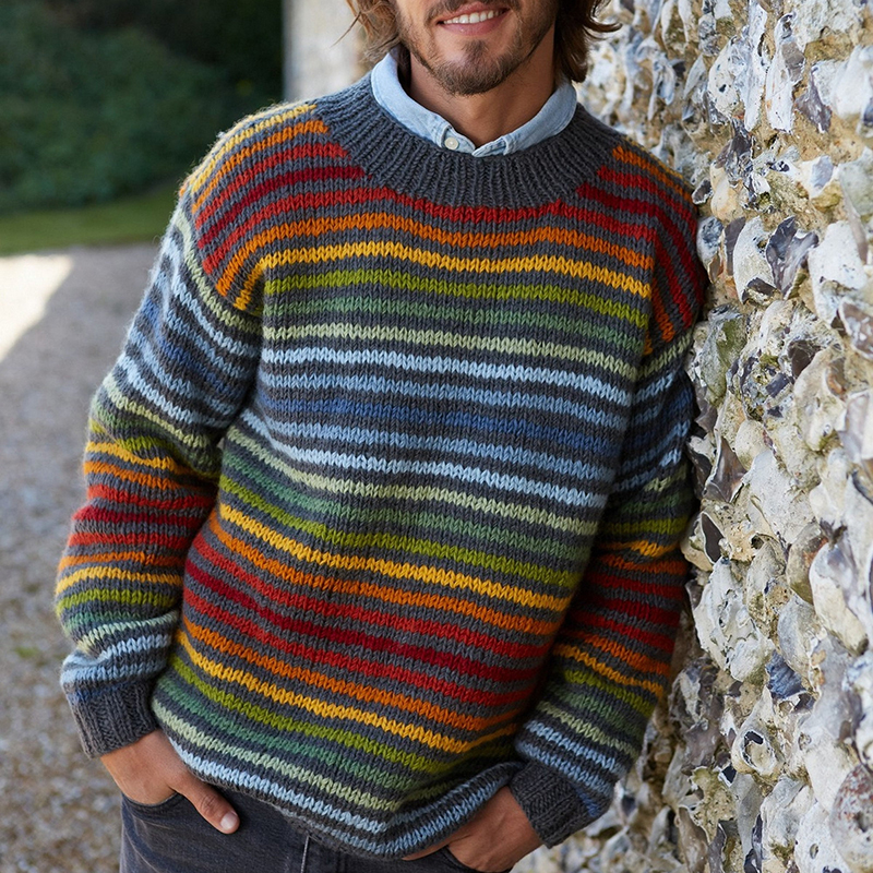 Maglione girocollo in jacquard lavorato a maglia a righe arcobaleno vi