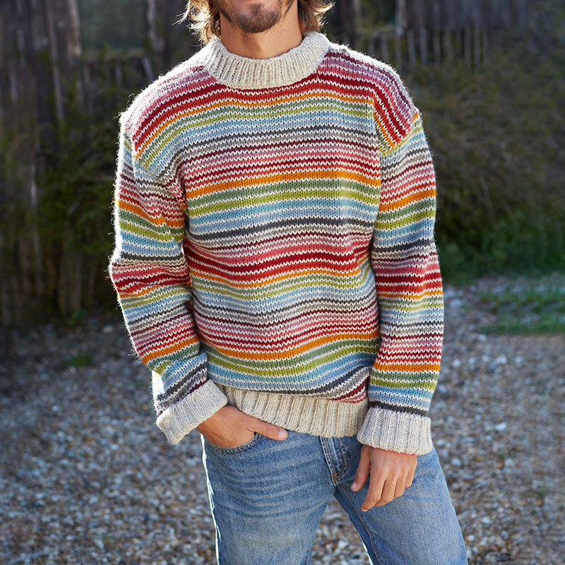 Maglione girocollo in maglia jacquard a righe vintage arcobaleno