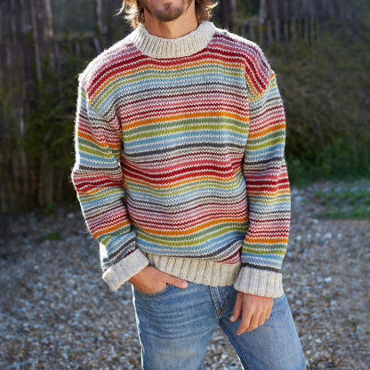 Maglione girocollo in maglia jacquard a righe vintage arcobaleno