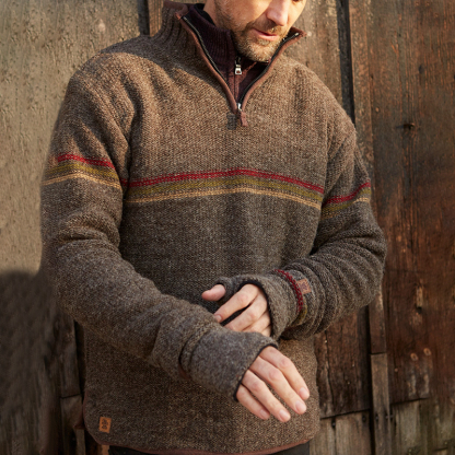 Maglione con mezza zip e colletto islandese lavorato a maglia jacquard a righe sul petto, caldo e vintage (unisex)