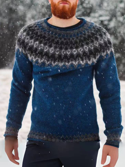 Maglione jacquard blu casual con grafica Fair Isle surf