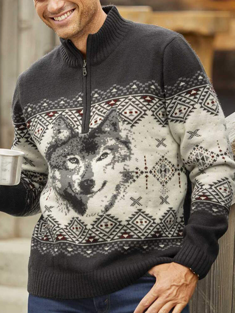 Maglione con collo a mezza zip jacquard in maglia lupo vintage islandese