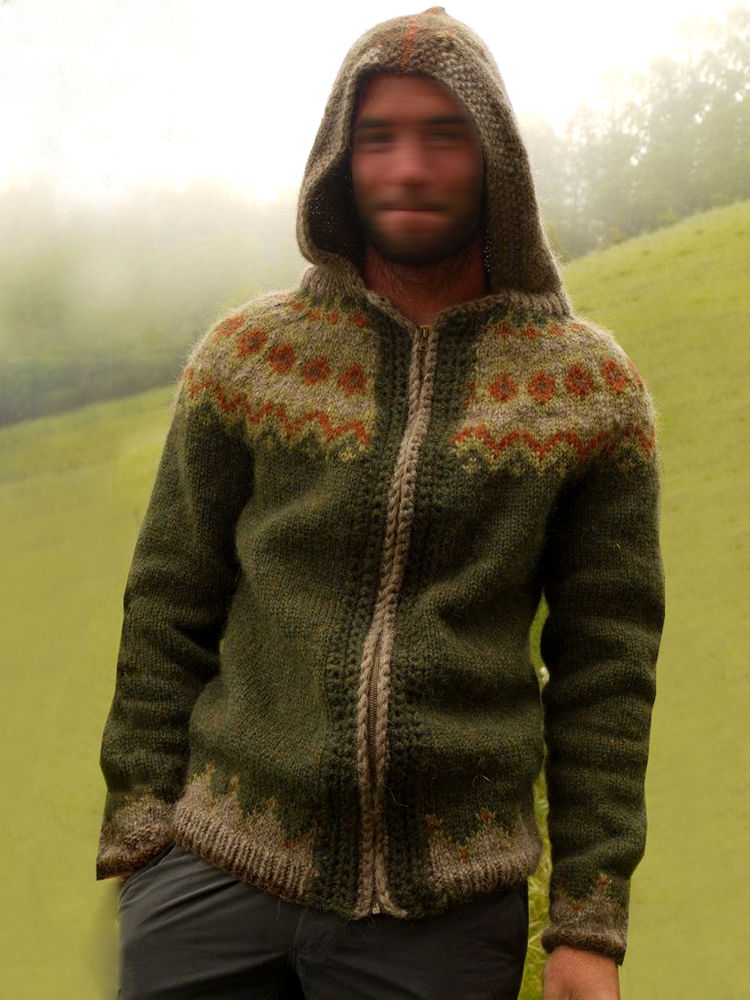 Felpa con cappuccio e zip jacquard islandese verde foresta