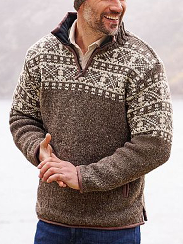 Maglione con mezza zip a isola in jacquard vintage lavorato a maglia calda