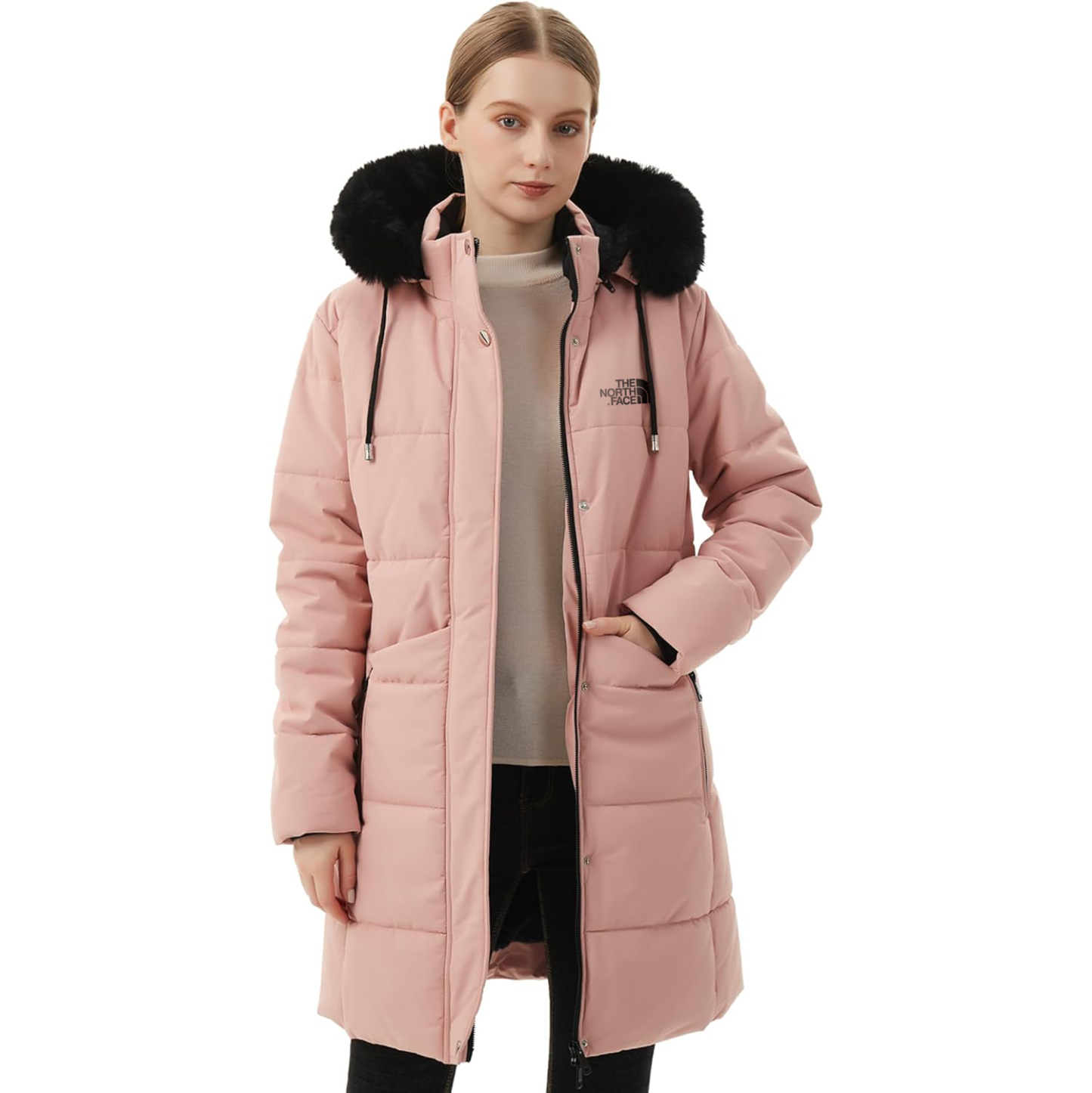 Parka da donna in pelliccia sintetica foderato in pile spesso con cappuccio staccabile