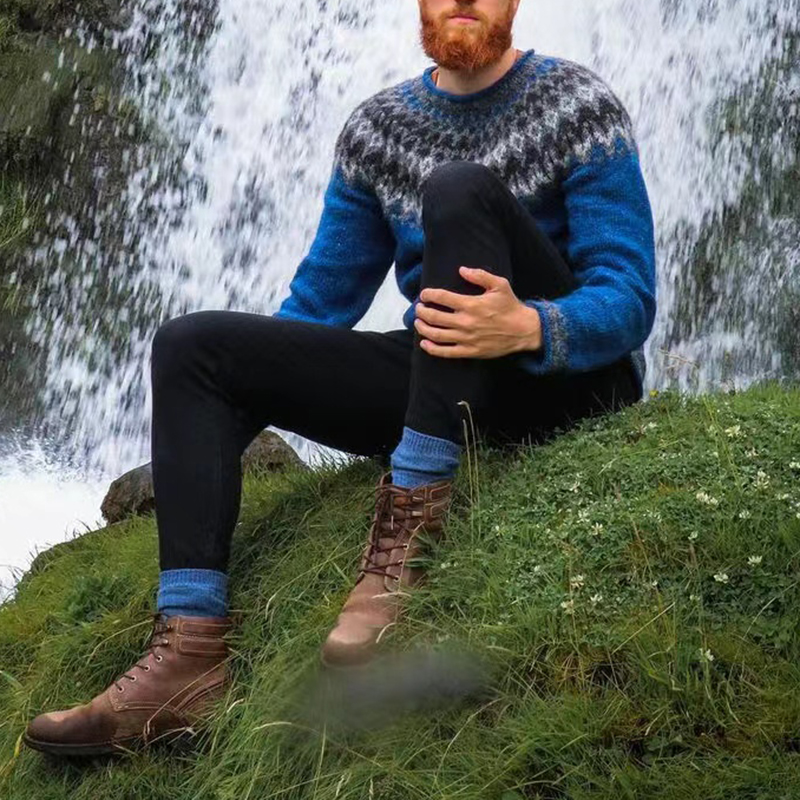Maglione jacquard blu casual con grafica Fair Isle surf
