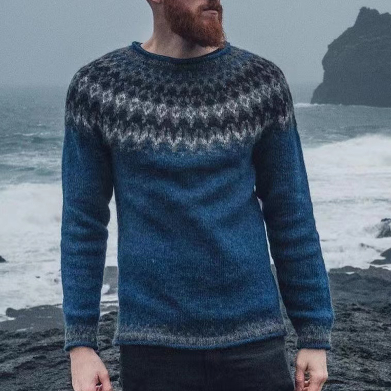 Maglione jacquard blu casual con grafica Fair Isle surf