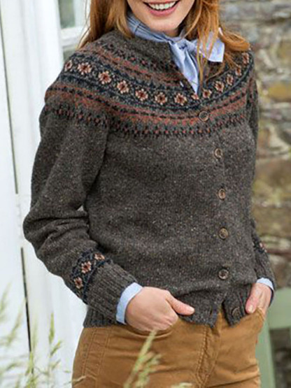 Cardigan maglione in lana vintage jacquard Fairman Island