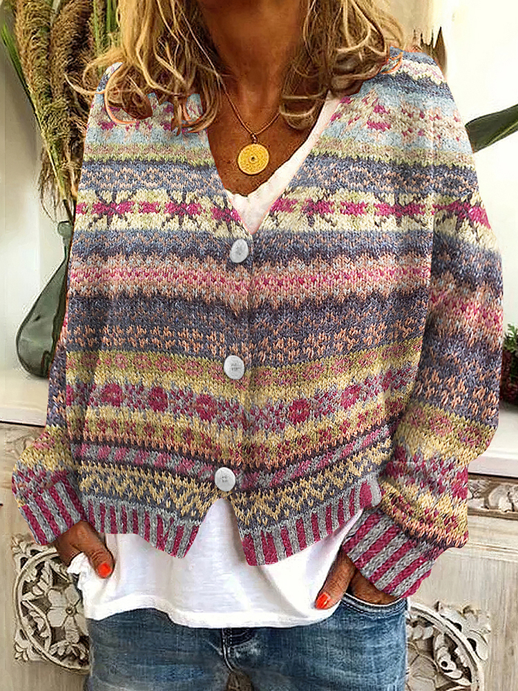 Cardigan con bottoni e scollo a V in maglia jacquard vintage Fairman Island