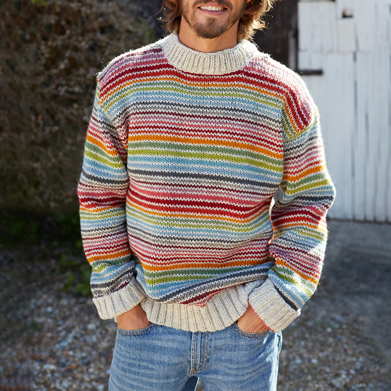 Maglione girocollo in maglia jacquard a righe vintage arcobaleno