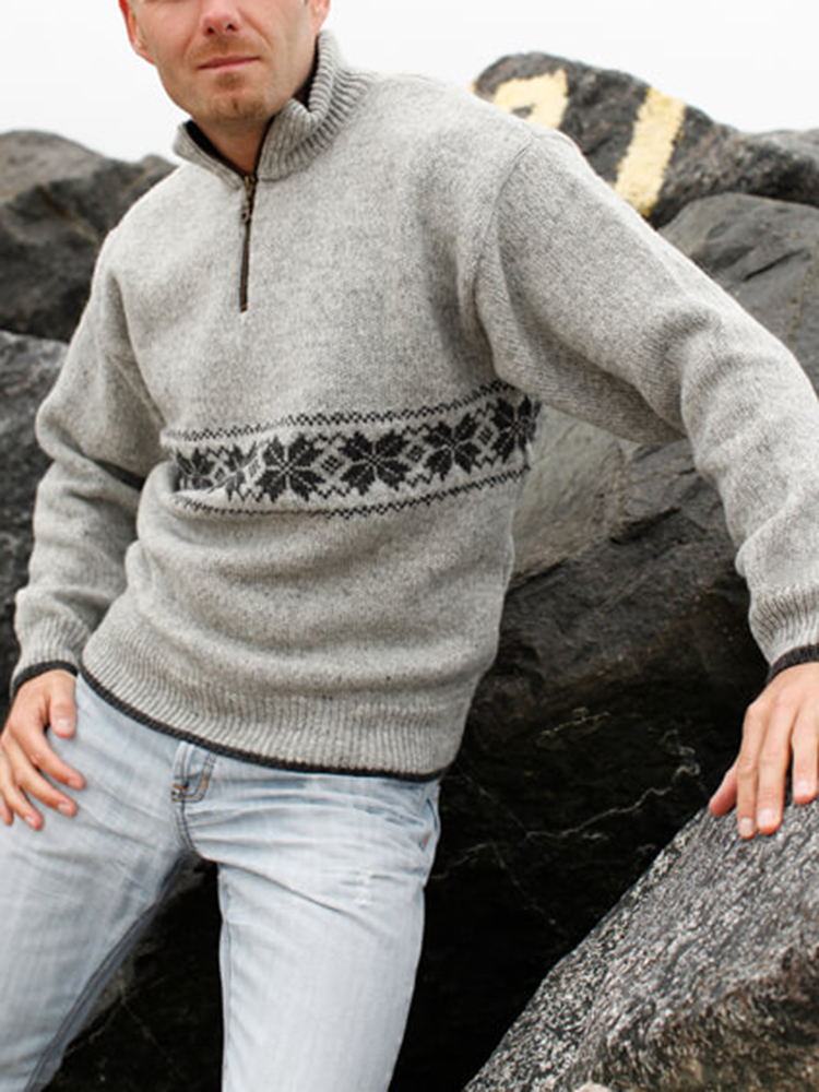 Maglione con colletto a mezza zip islandese in maglia termica vintage jacquard (unisex)