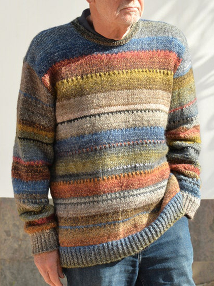 Maglione girocollo isola jacquard lavorato a maglia a righe colorate vintage