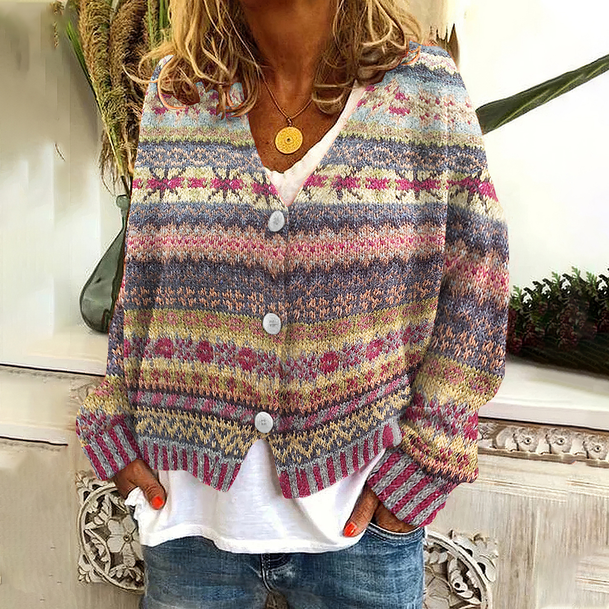 Cardigan con bottoni e scollo a V in maglia jacquard vintage Fairman Island