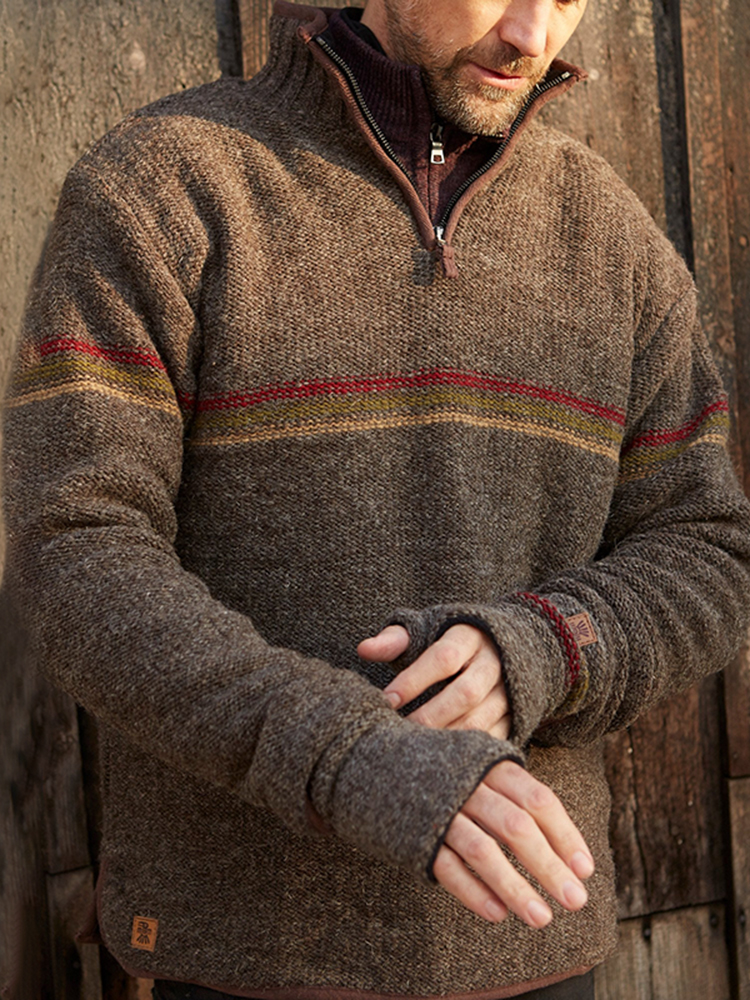 Maglione con mezza zip e colletto islandese lavorato a maglia jacquard a righe sul petto, caldo e vintage (unisex)