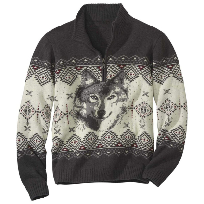 Maglione con collo a mezza zip jacquard in maglia lupo vintage islandese