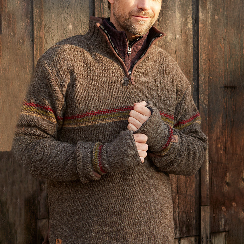 Maglione con mezza zip e colletto islandese lavorato a maglia jacquard a righe sul petto, caldo e vintage (unisex)