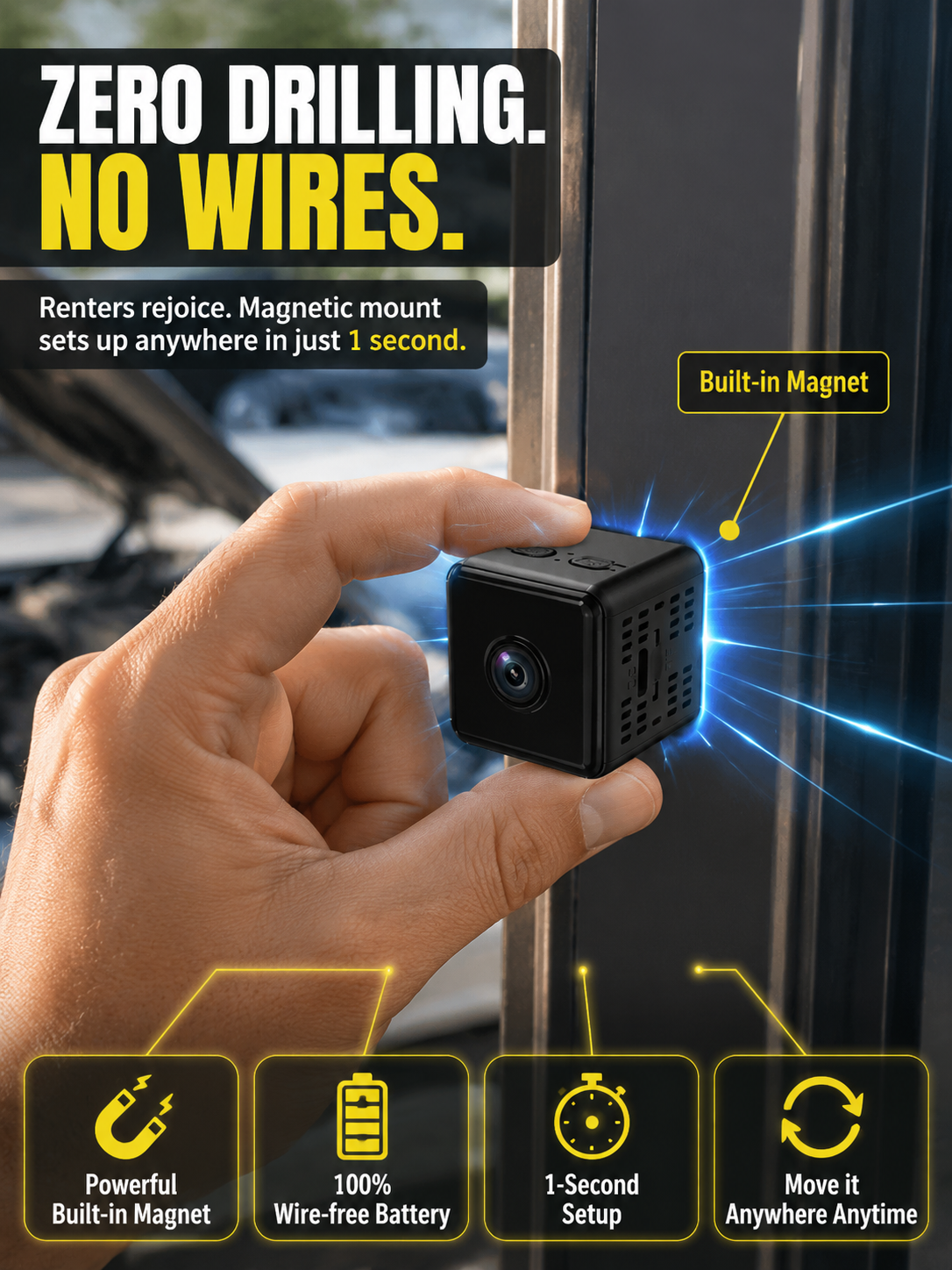 No wires no wifi no problem experience the magnetic x9 camera with 1080p color night vision