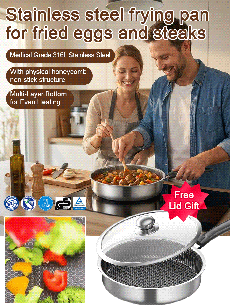 【🛡️Includes a lid】Pro Hybrid Stainless Steel Honeycomb Skillet | 11 Inch 28cm | 12 Inch  30cm | Scratch Resistant Non Stick | Oven Safe Cookware 🍳