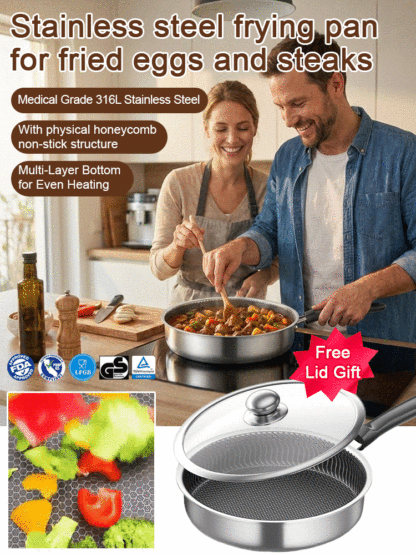 【🛡️Includes a lid】Pro Hybrid Stainless Steel Honeycomb Skillet | 11 Inch 28cm | 12 Inch  30cm | Scratch Resistant Non Stick | Oven Safe Cookware 🍳