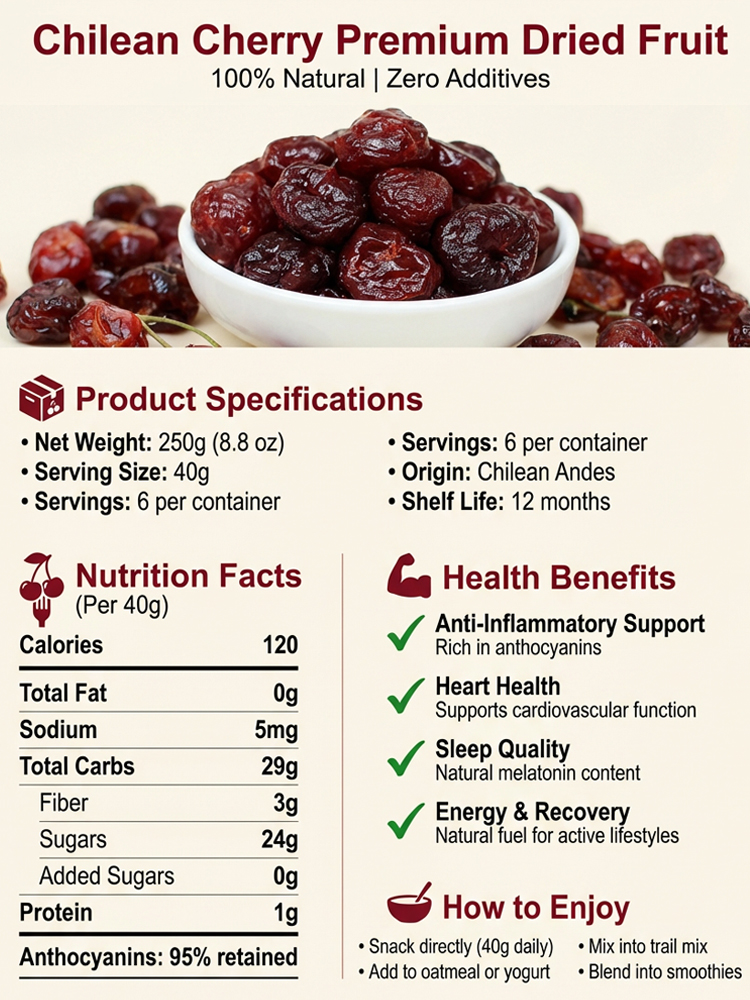 Premium Chilean Organic Dried Cherries | No Sugar Added | 48H Slow-Dried Soft Texture 🍒