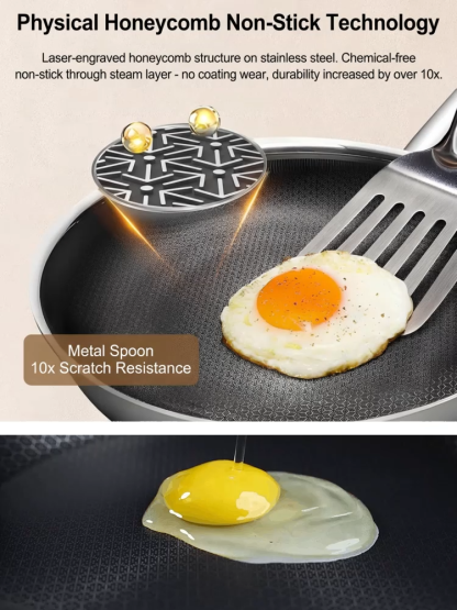 【🛡️Includes a lid】Pro Hybrid Stainless Steel Honeycomb Skillet | 11 Inch 28cm | 12 Inch  30cm | Scratch Resistant Non Stick | Oven Safe Cookware 🍳