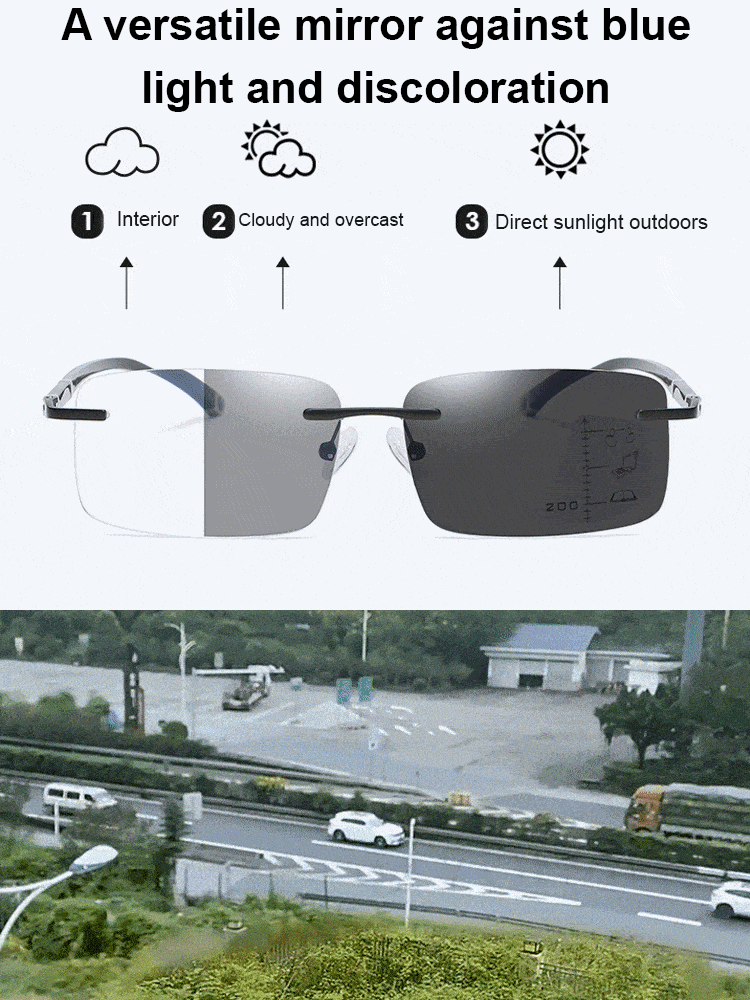  【Auto-Focus Glasses】Seamless Auto-Focus from 100 to 700 Strength. Lenses that instantly turn into sunglasses in the sun.   They block 99.9% of harmful blue light and all glare.
