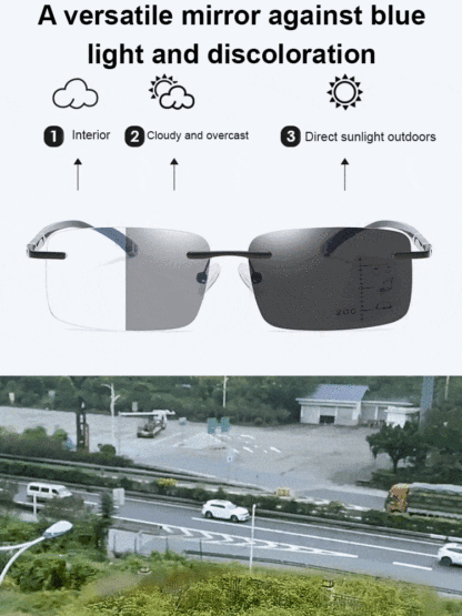  【Auto-Focus Glasses】Seamless Auto-Focus from 100 to 700 Strength. Lenses that instantly turn into sunglasses in the sun.   They block 99.9% of harmful blue light and all glare.