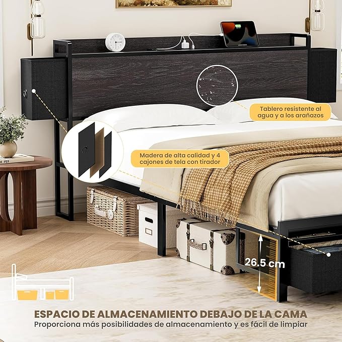FABATO Base Cama Matrimonial - Cabecera con 4 Cajones y Espacio Debajo de la Cama - 2 Salidas de CA y 1 USB, 1 Tipo C - Plataforma de Metal Antideslizante sin Ruido