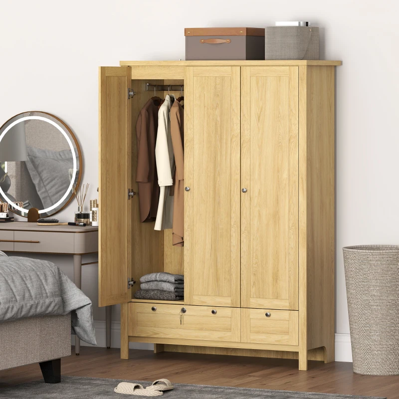 HOMCOM Armario de 3 Puertas con 2 Cajones, Armario de Dormitorio con Cajón con Cerradura, Barra para Colgar y Estantes de Almacenamiento, Natural