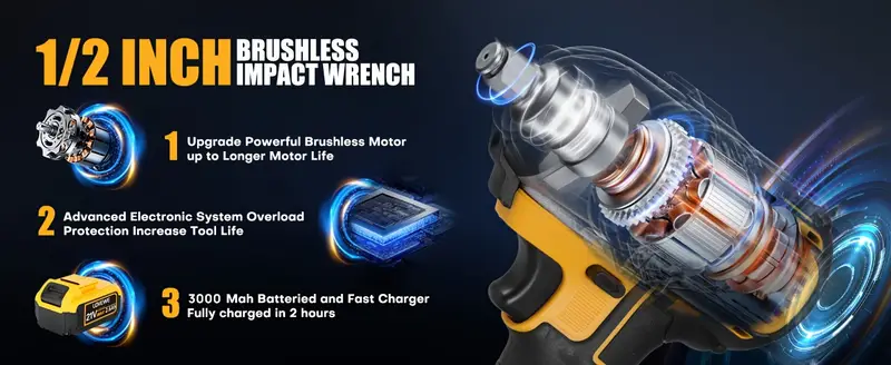 Llave de impacto inal&aacute;mbrica  , 21V 1/2   2600RPM, controlador de impacto de potencia sin escobillas, par 258 pies-  350N.m, con 2x2.6Ah bater&iacute;a, cargador, 6 enchufes y accesorios completos, pistola de impacto el&eacute;ctrica para autom&oacute;vil y hogar detalles 3