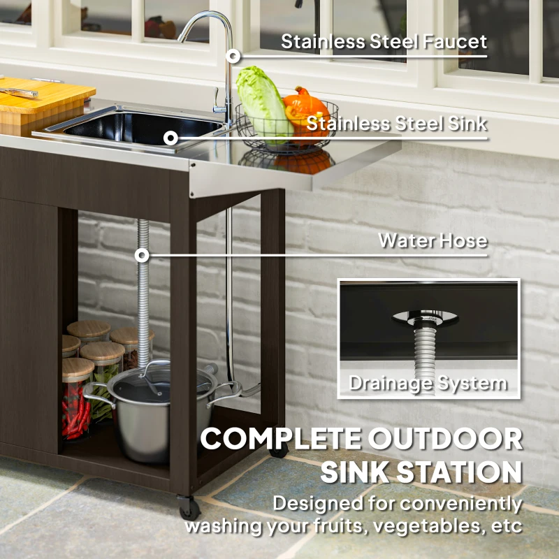 Mesa de parrilla para exteriores con fregadero y drenaje de acero inoxidable, carrito de parrilla con mesa auxiliar plegable y gabinete, isla de cocina para exteriores con ruedas