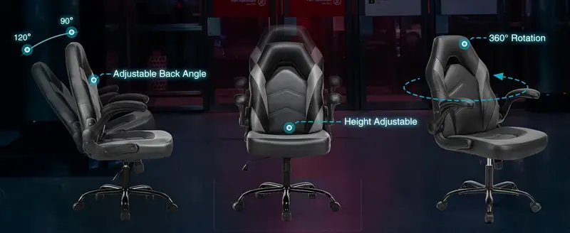 Silla ergonómica para juegos de computadora, silla de escritorio para oficina en casa con soporte lumbar de cuero PU, silla de juegos ajustable  , videojuego   y alto con reposabrazos abatible, ruedas giratorias para adultos y adolescentes detalles 1