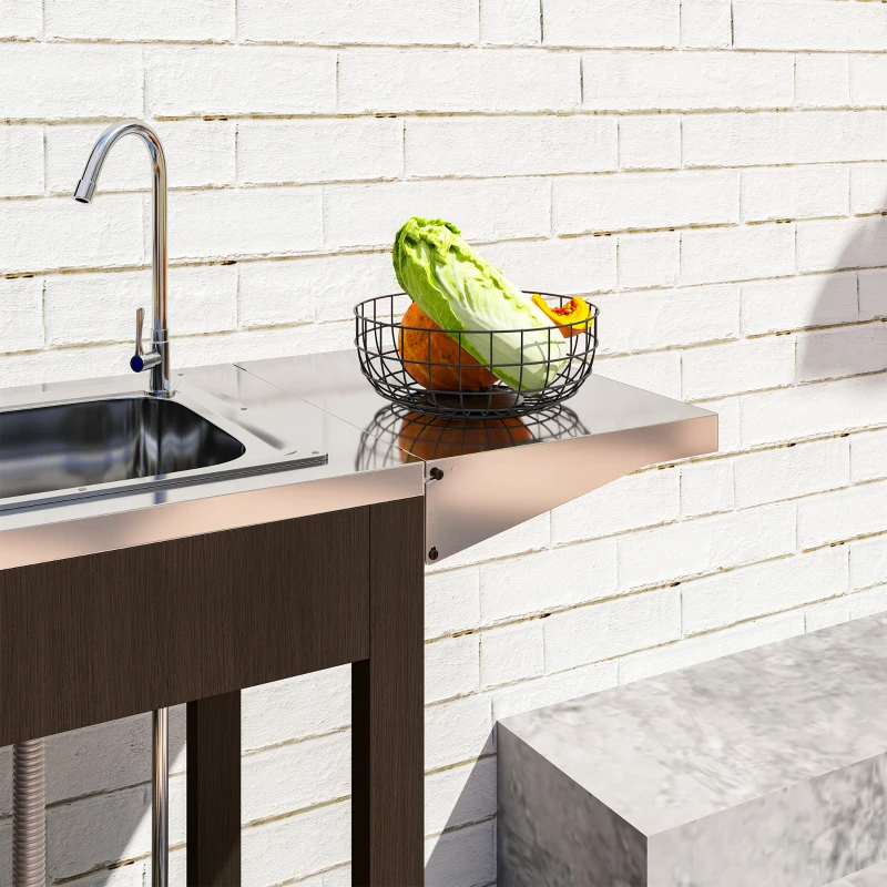 Mesa de parrilla para exteriores con fregadero y drenaje de acero inoxidable, carrito de parrilla con mesa auxiliar plegable y gabinete, isla de cocina para exteriores con ruedas