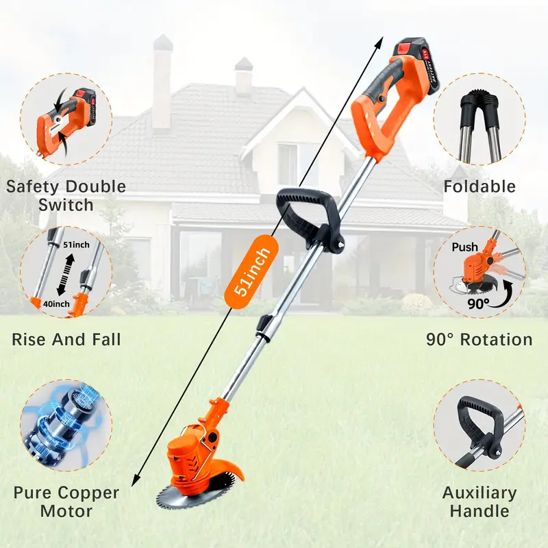 Cortadora de maleza inalámbrica de 21V con 2 baterías y cargador, cuchillas y ruedas, recortadora de césped a batería, recortadora de hilo/mini-segadora/bordeadora de ruedas/cortadora de maleza 4 en 1 detalles 5