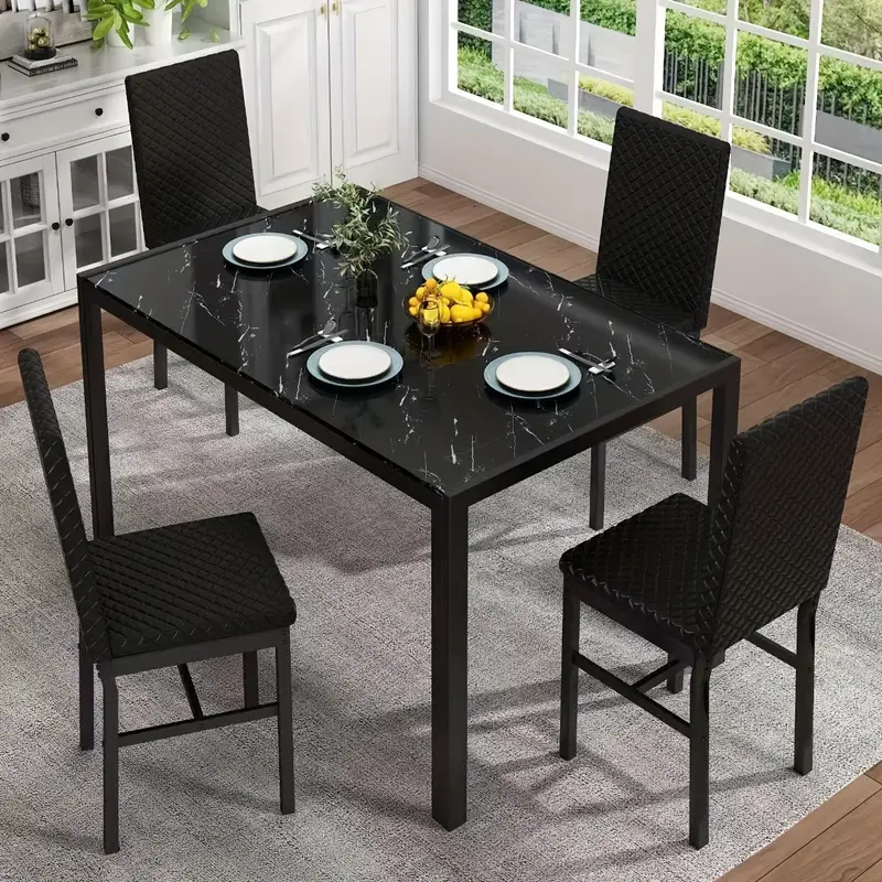 Conjunto de mesa de comedor de 5 piezas de estilo moderno y , conjunto de de 5 piezas con tapa de vidrio templado, marco de metal y sillas de comedor tapizadas en cuero sintético, conjunto de mesa de comedor para desayunar de mostrador para 4 personas en espacios pequeños detalles 3