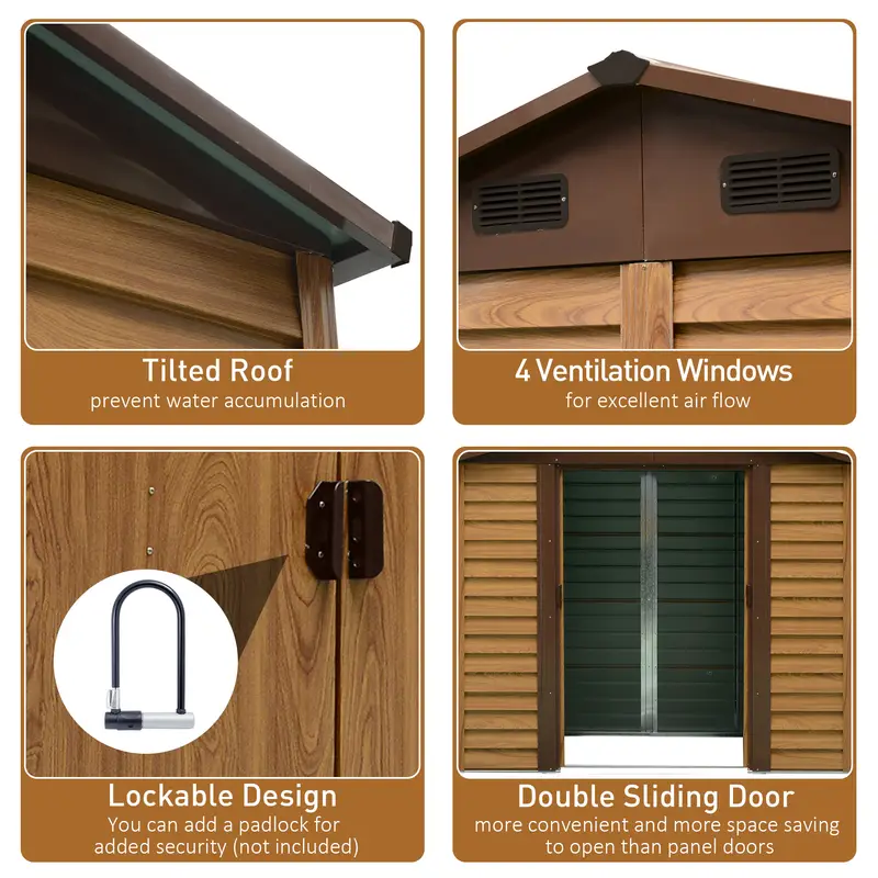   8 x 6 outdoor storage shed garden   with foundation kit 4 vents and   sliding doors for backyard patio garage lawn brown details 4