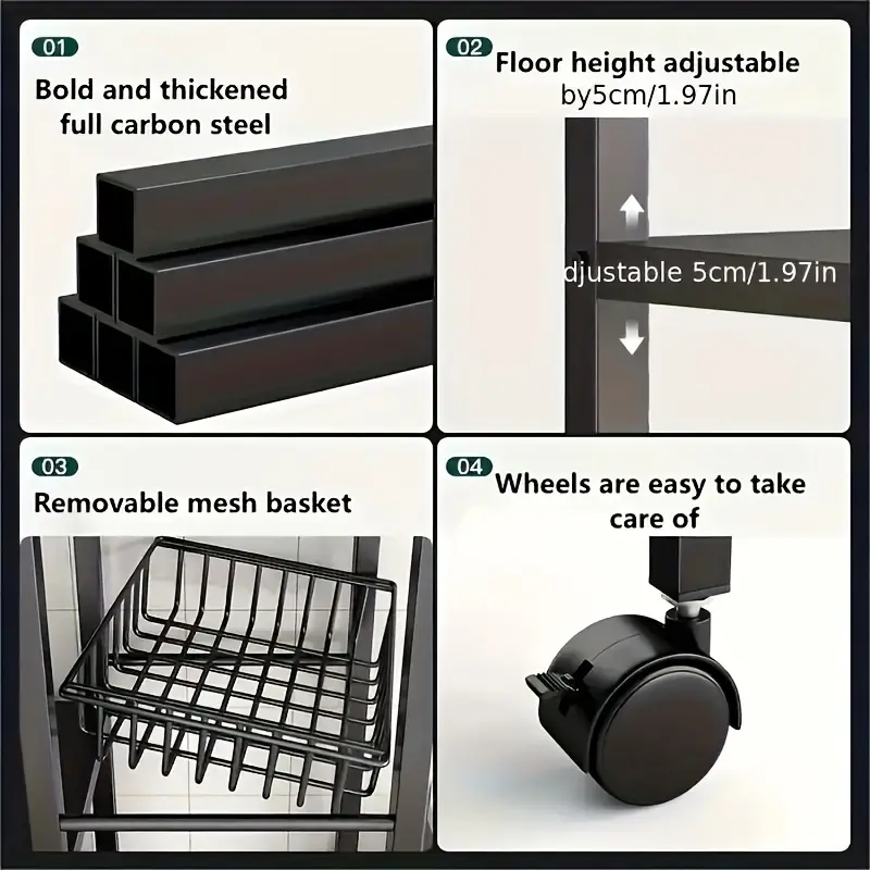 Estante de almacenamiento de cocina con cestas de malla, carrito de servicio con de metal con ruedas, estante de con estantes ajustables, para cocina, baño, , detalles 5