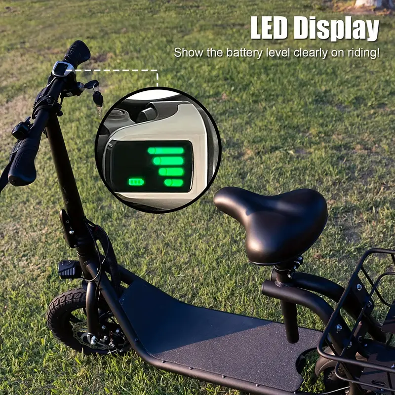 Patinete eléctrico plegable rojo con asiento para adultos, alcance   de 20 millas, 15.5 MPH de potencia por motor de pico de 630 W, neumático de 12, asiento ajustable, cesta trasera de transporte, faro LED Bicicleta eléctrica para adultos para desplazamientos   detalles 1