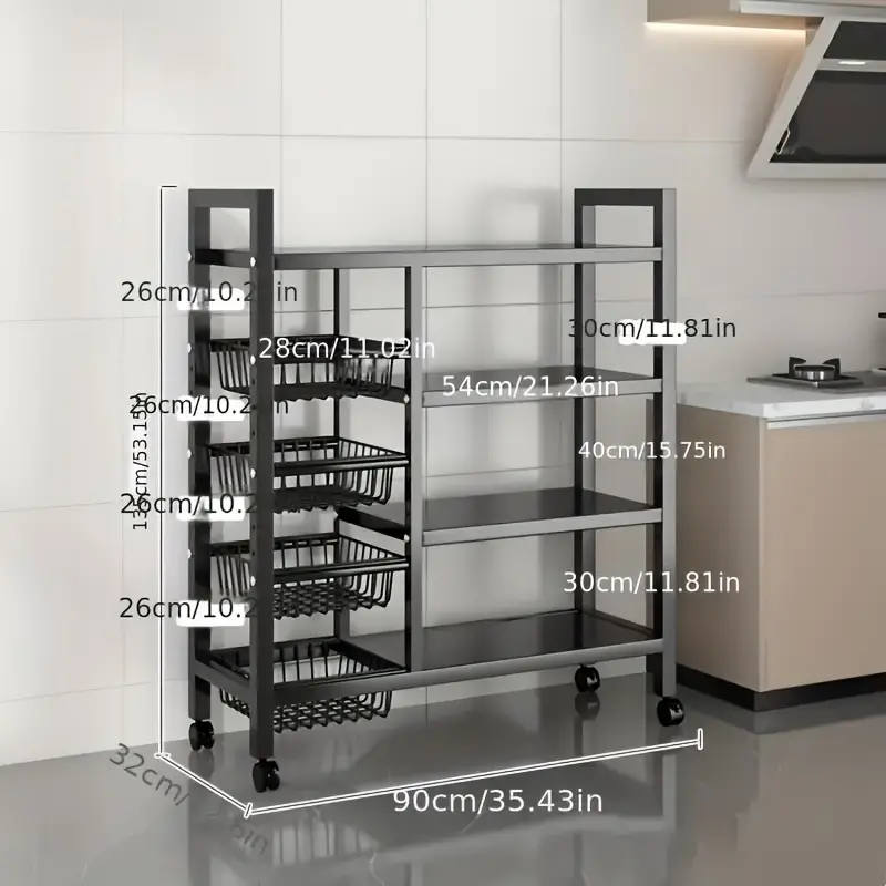 Estante de almacenamiento de cocina con cestas de malla, carrito de servicio con de metal con ruedas, estante de con estantes ajustables, para cocina, baño, , detalles 1