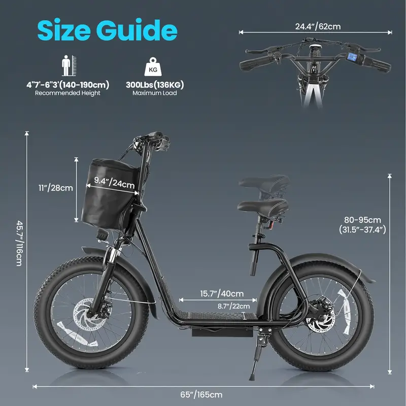 Patinete eléctrico para adultos con asiento y cesta, neumáticos de 20 para , batería de 48V 500Wh, autonomía de hasta 30 millas y 20 MPH, con asiento y cesta, pantalla LCD, carga de 300 libras, patinete eléctrico plegable para desplazamientos. detalles 3