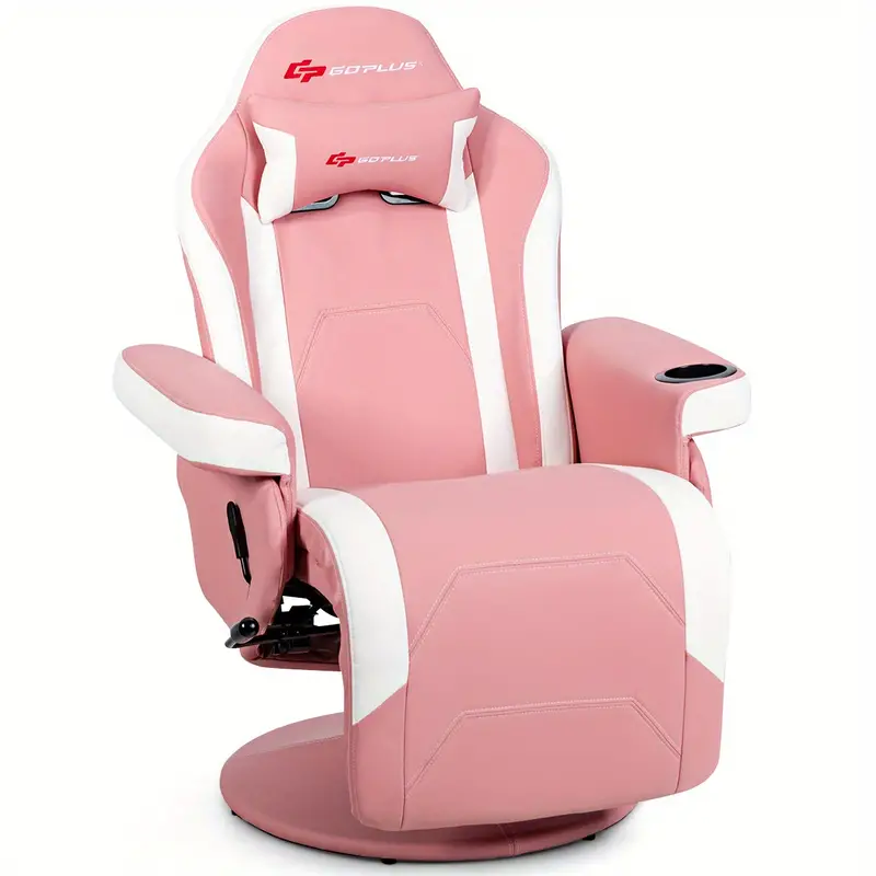 Sillón reclinable para juegos   Massage con reposapiés, silla de carreras giratoria con portavasos y almohada, color rosa. detalles 0