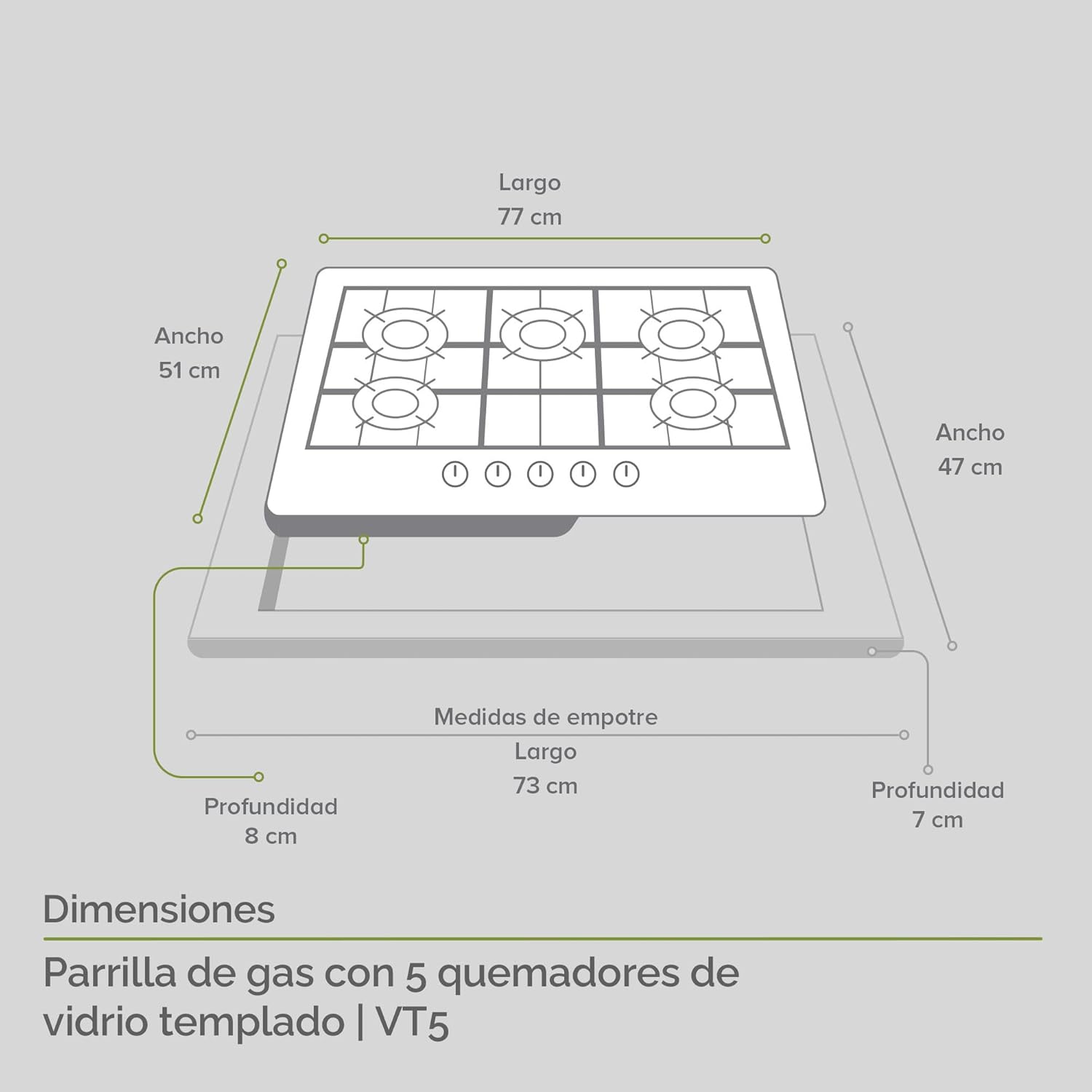 AVERA Parrilla de Gas 5 Quemadores, Vidrio Templado Negro 77cm (Incluye accesorios para Instalarla) Empotrable, Encendido Electronico, Perillas Metalicas, Estufa Empotrable, para Gas LP y Natural, VT5